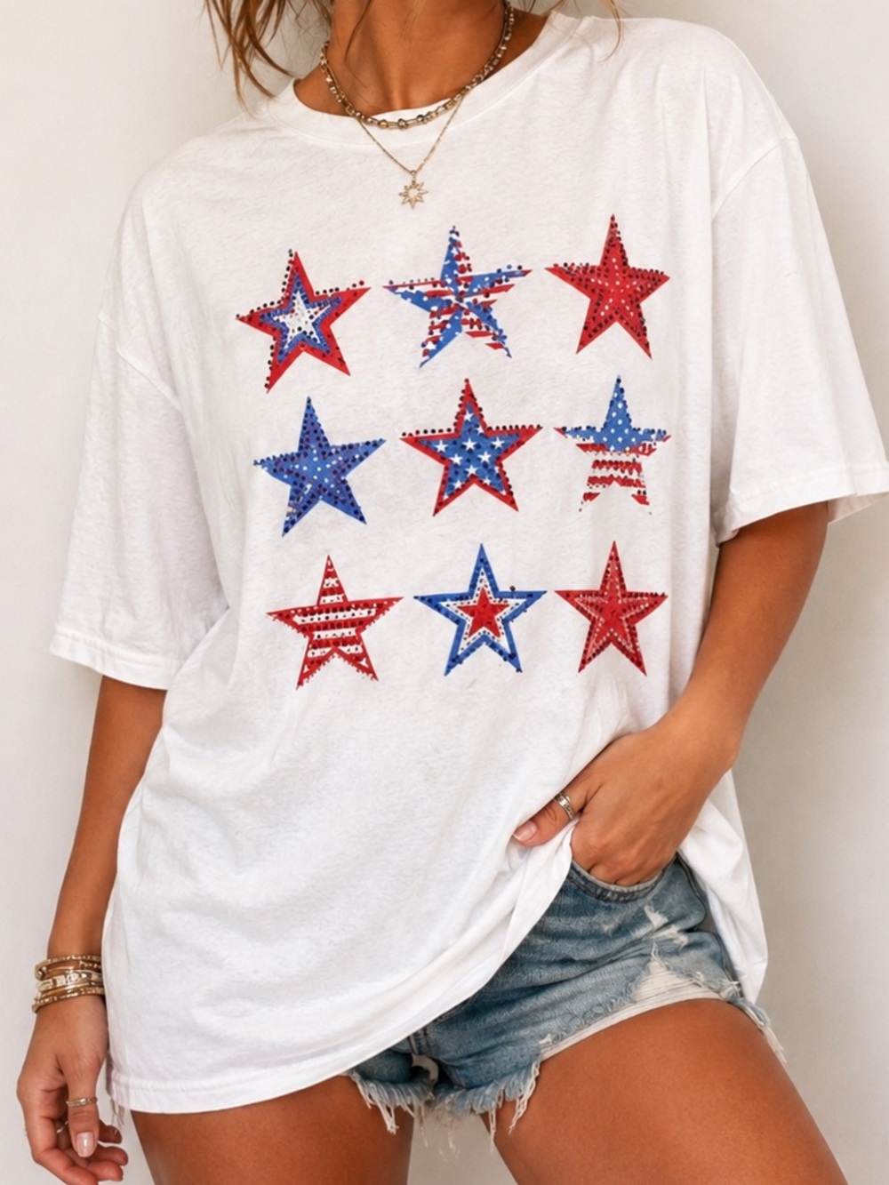 Fantastic Fawn Rhinestone Stars Oversized Tee Patriotic Oversized M NWT